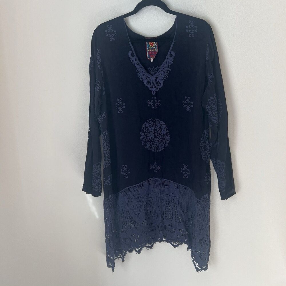 Johnny Was Navy Blue Embroidered Crochet Lace Hem Tunic Dress Sz L Long Sleeve